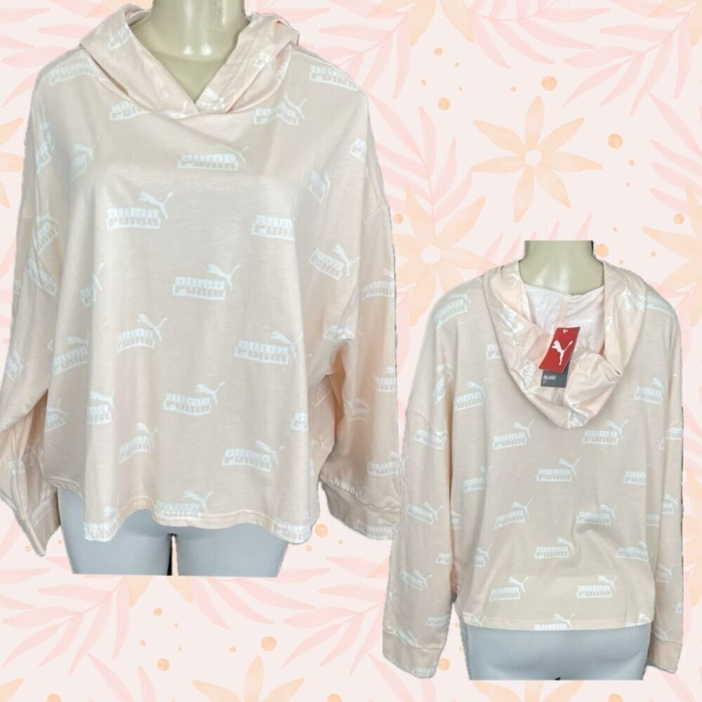 Puma + 3X Peachy Pink Logo Print Cotton Curved Hem Long Sleeve Crop Hoodie Tee